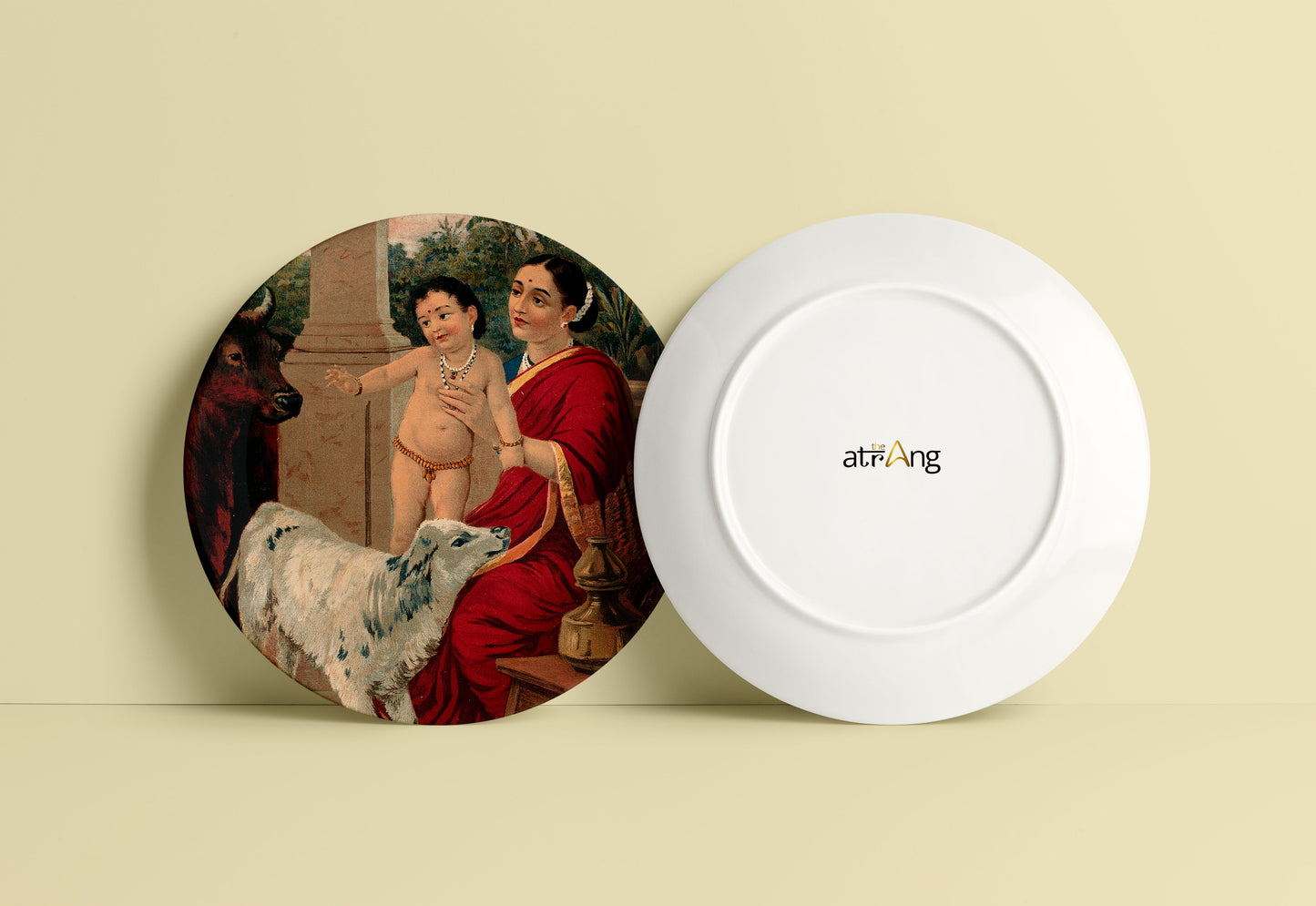 Krishna as an infant on Yasoda's lap playing with a cow and a calf by Ravi Varma Ceramic Plate for Home Decor