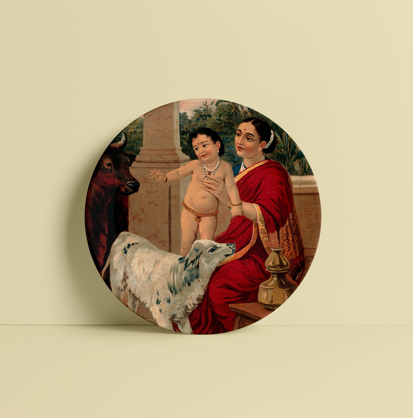 Krishna as an infant on Yasoda's lap playing with a cow and a calf by Ravi Varma Ceramic Plate for Home Decor