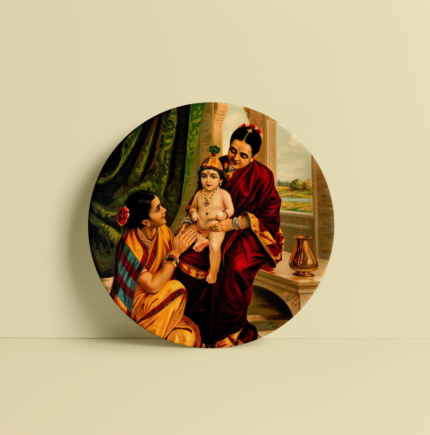 Krishna as an infant sitting on Yashoda's lap by Ravi Varma Ceramic Plate for Home Decor