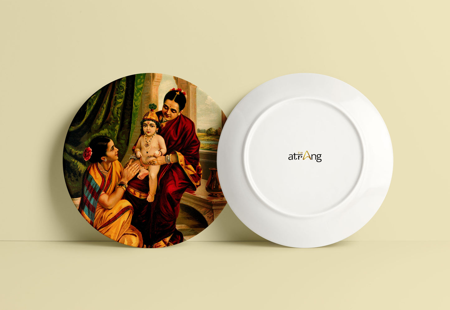Krishna as an infant sitting on Yashoda's lap by Ravi Varma Ceramic Plate for Home Decor
