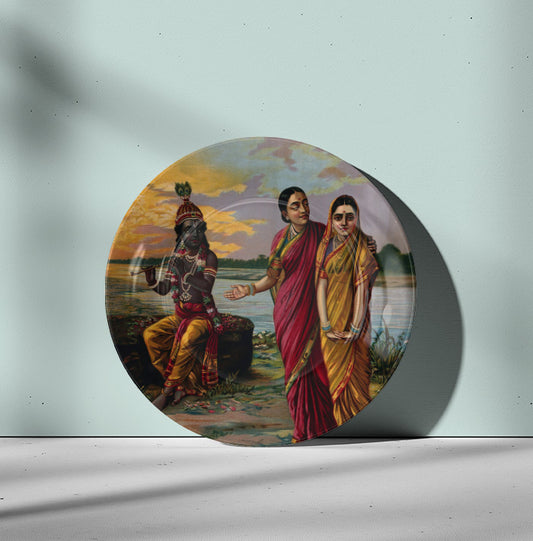 Krishna declaring his love for Radha via a confidante by Ravi Varma Ceramic Plate for Home Decor