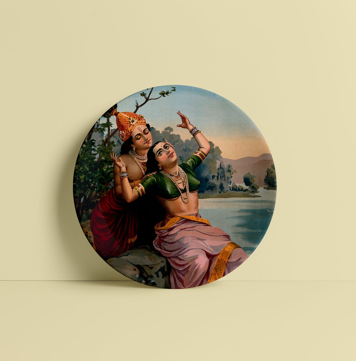 Krishna embracing Radha by Ravi Varma Ceramic Plate for Home Decor