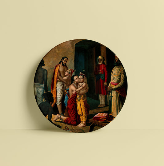 Krishna freeing his parents (Vasudeo and Devki) from prison by Ravi Varma Ceramic Plate for Home Decor