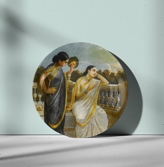 Ladies in the Moonlight by Ravi Varma Ceramic Plate for Home Decor