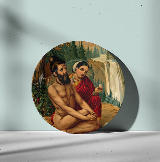 Menaka the nymph tempting the yogi, Vishwamitra by Ravi Varma Ceramic Plate for Home Decor