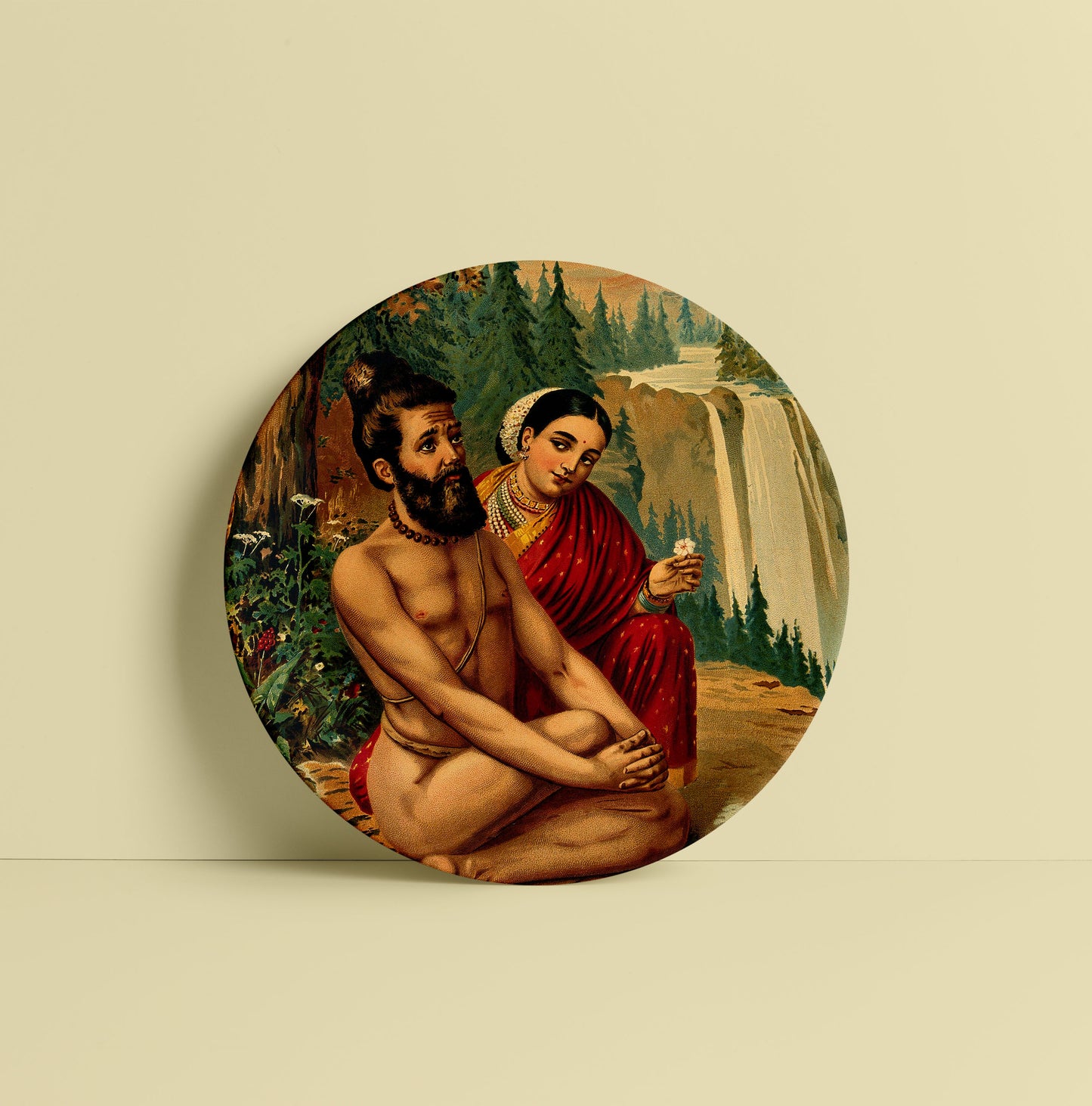 Menaka the nymph tempting the yogi, Vishwamitra by Ravi Varma Ceramic Plate for Home Decor
