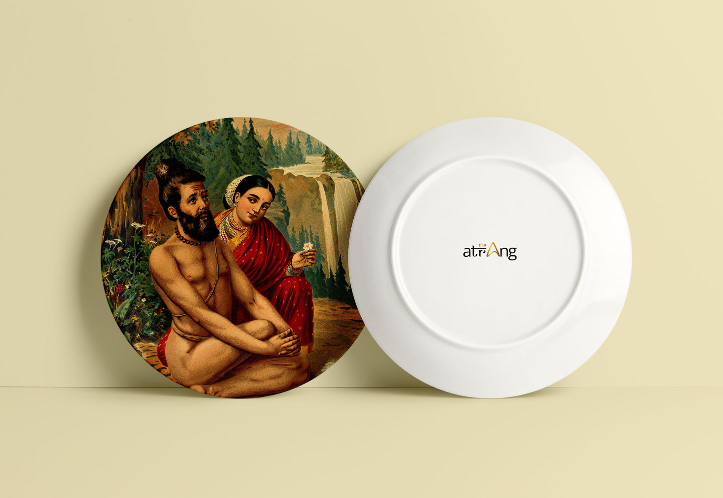 Menaka the nymph tempting the yogi, Vishwamitra by Ravi Varma Ceramic Plate for Home Decor