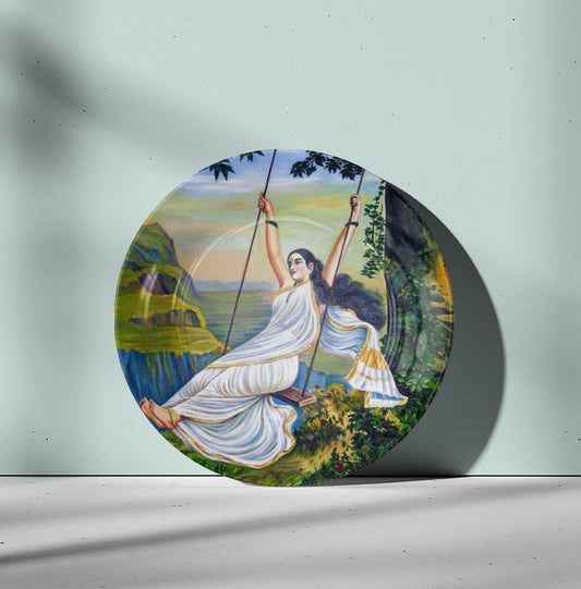 Mohini on the Swing by Ravi Varma Ceramic Plate for Home Decor
