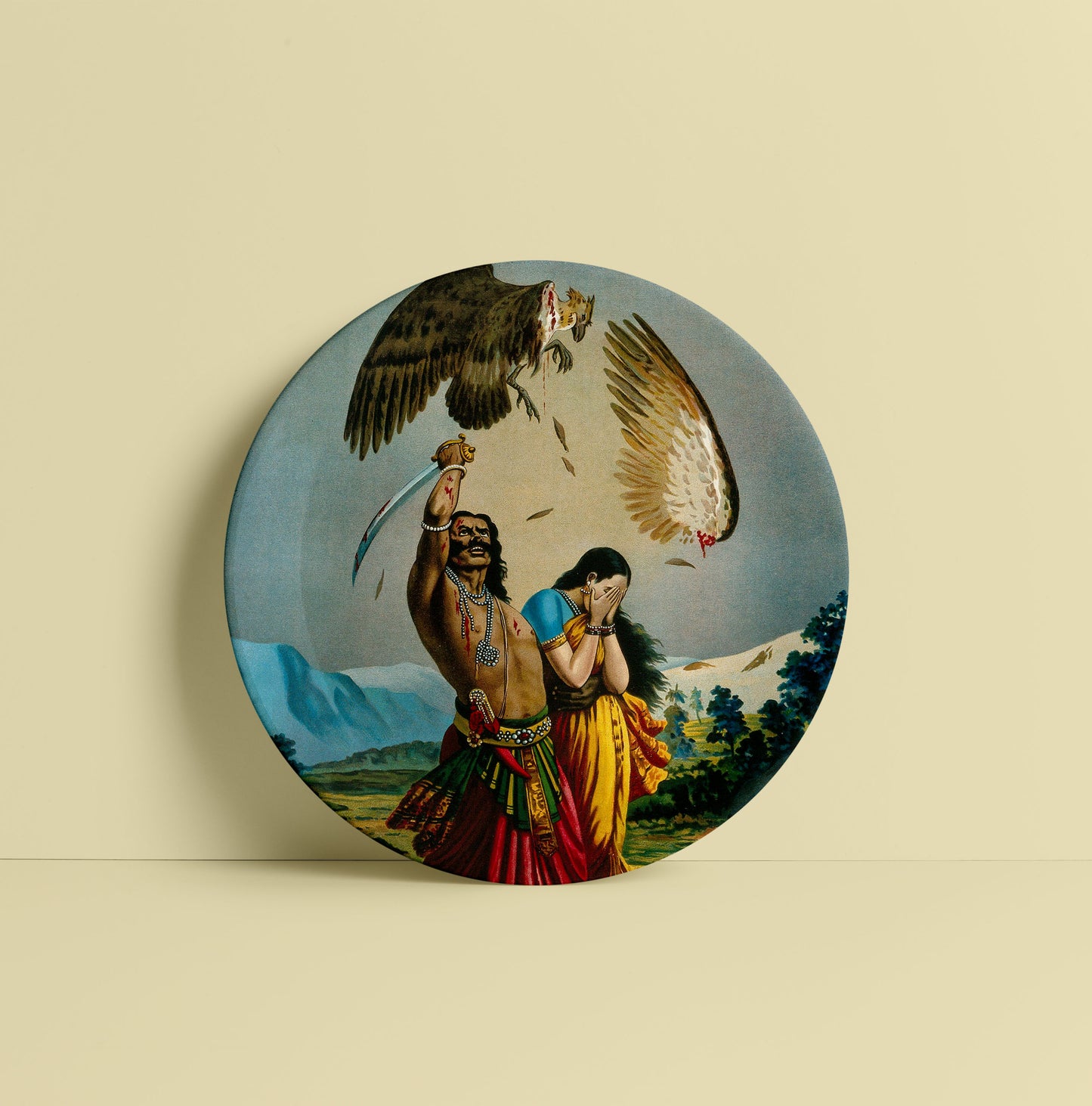Ravana slaughtering Jatayu the vulture by Ravi Varma Ceramic Plate for Home Decor