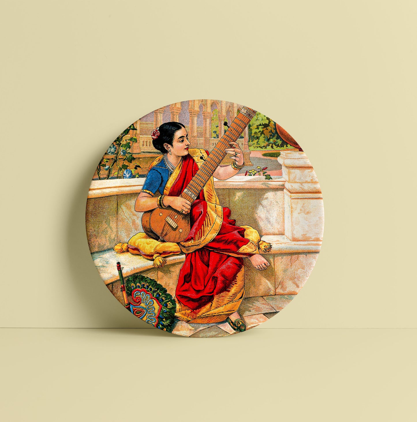 A seated Indian woman plays a sitar next to a garden pond by Ravi Varma Ceramic Plate for Home Decor