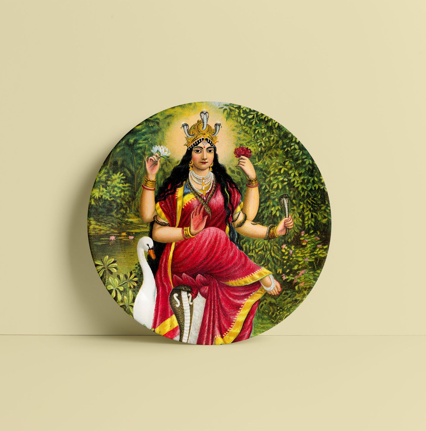Gajalakshmi, Goddess of Fortune by Ravi Varma Ceramic Plate for Home Decor