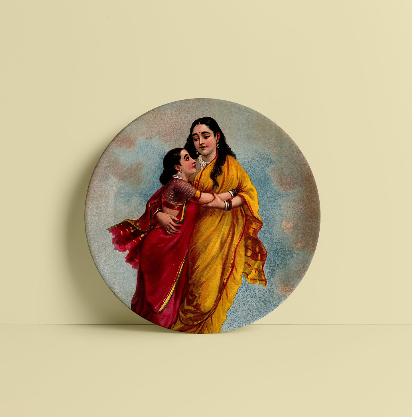 Sakuntala and her mother fly towards heaven by Ravi Varma Ceramic Plate for Home Decor