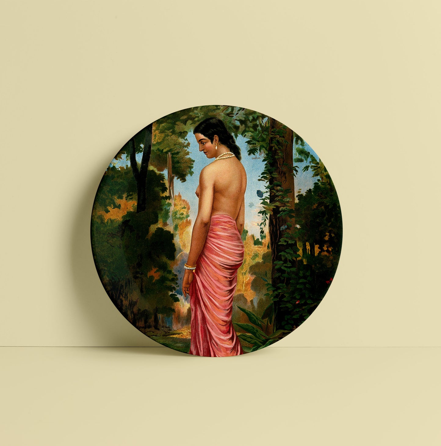Semi-clothed woman by a river bank called Varini by Ravi Varma Ceramic Plate for Home Decor