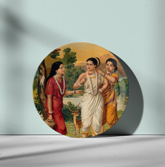 Shakuntala and her friends by Ravi Varma Ceramic Plate for Home Decor