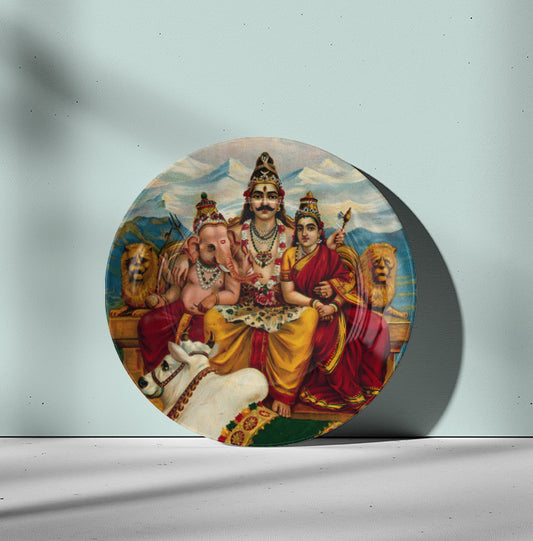 Shiva, Parvati and Ganesha enthroned on Mount Kailas by Ravi Varma Ceramic Plate for Home Decor