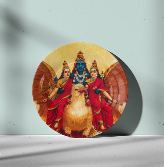 Vishnu accompanied by his wives riding on Garuda by Ravi Varma Ceramic Plate for Home Decor