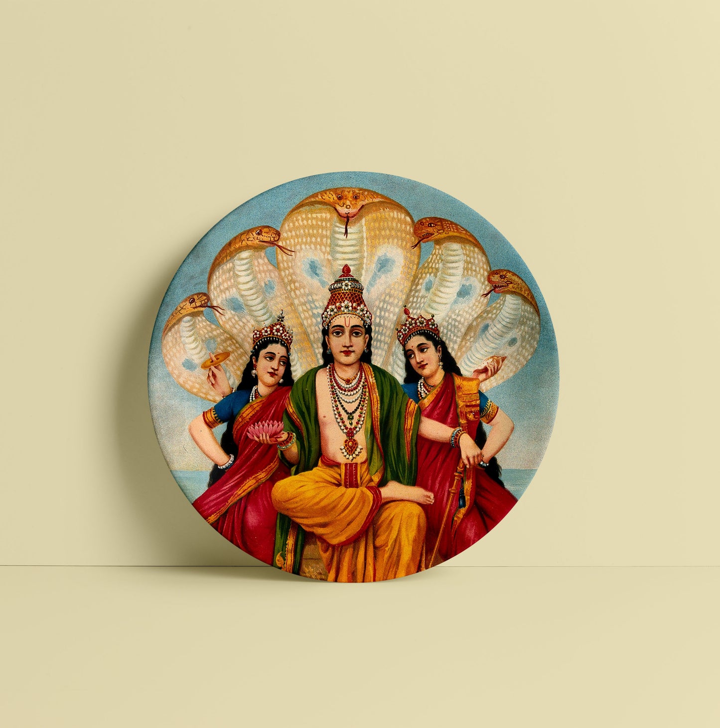 Vishnu flanked by two wives resting on Shesa by Ravi Varma Ceramic Plate for Home Decor