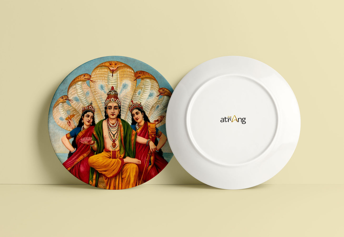 Vishnu flanked by two wives resting on Shesa by Ravi Varma Ceramic Plate for Home Decor