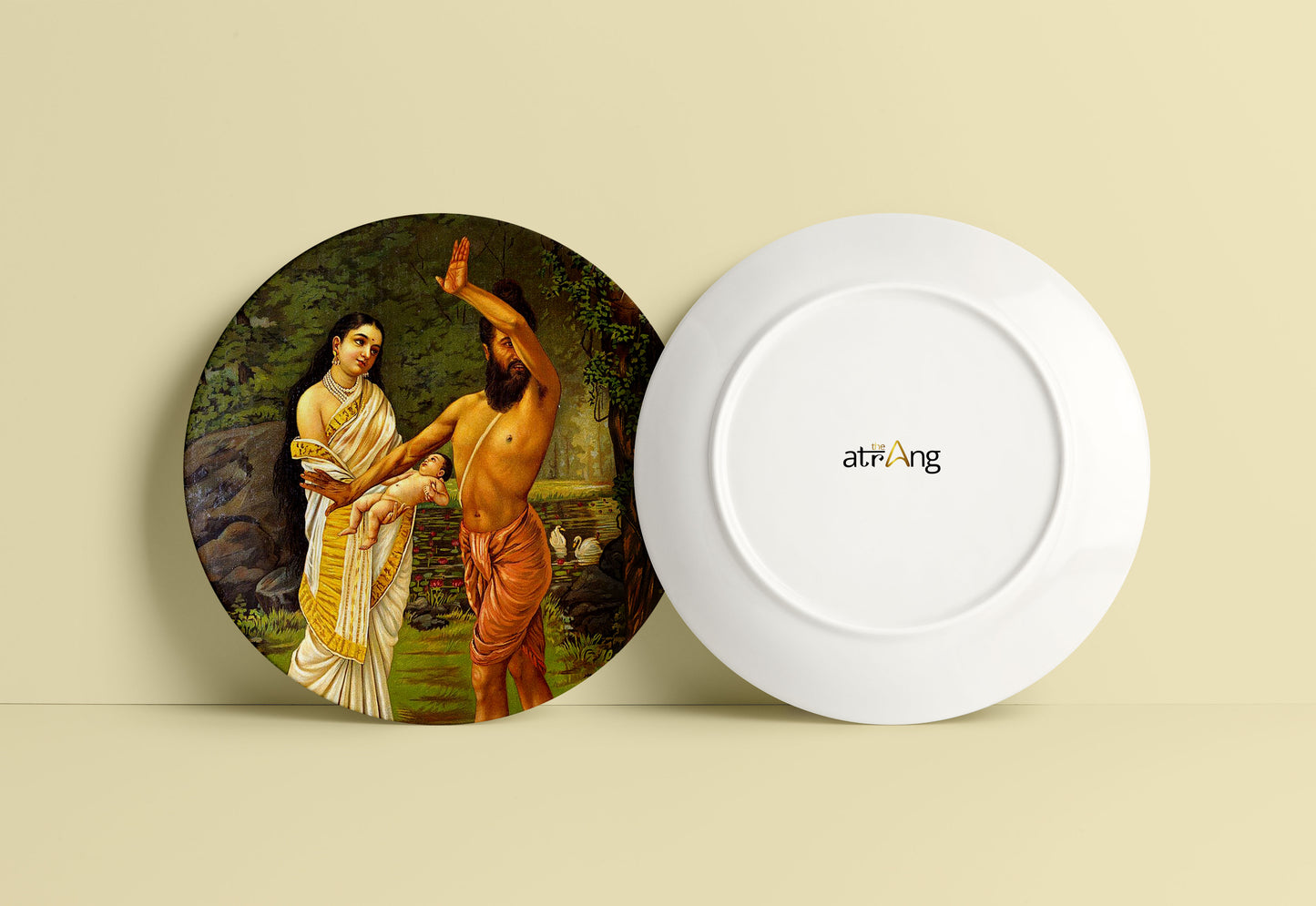 Vishwamitra rejecting his daughter Sakuntala's birth by Ravi Varma Ceramic Plate for Home Decor