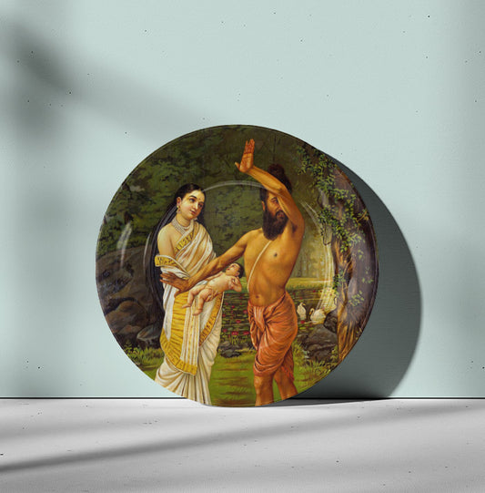 Vishwamitra rejecting his daughter Sakuntala's birth by Ravi Varma Ceramic Plate for Home Decor