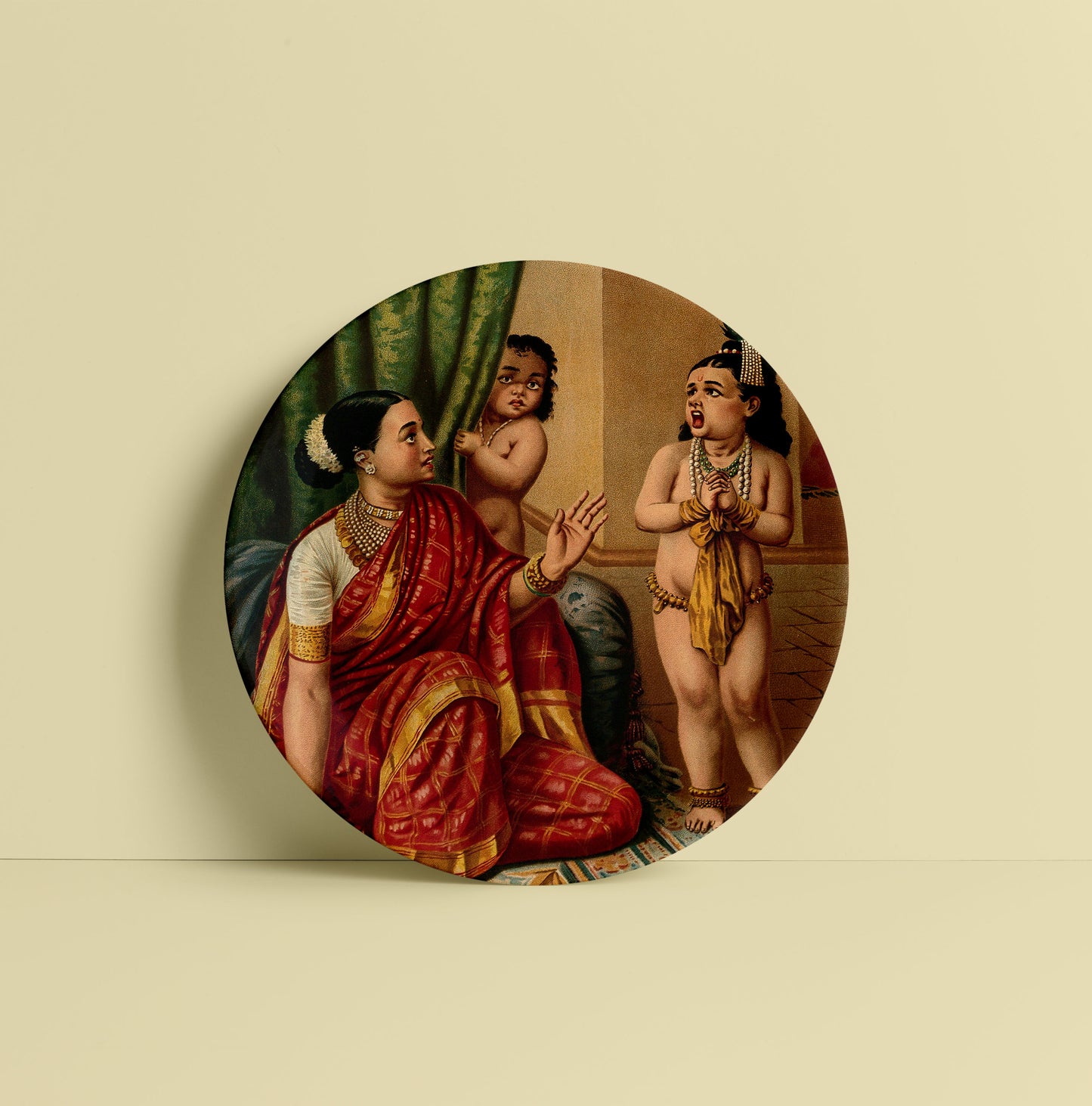 Yasoda glimpses the whole universe inside Krishna's mouth by Ravi Varma Ceramic Plate for Home Decor