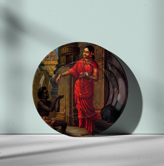 A woman giving alms to a beggar outside a temple to Lord Shiva by Ravi Varma Ceramic Plate for Home Decor