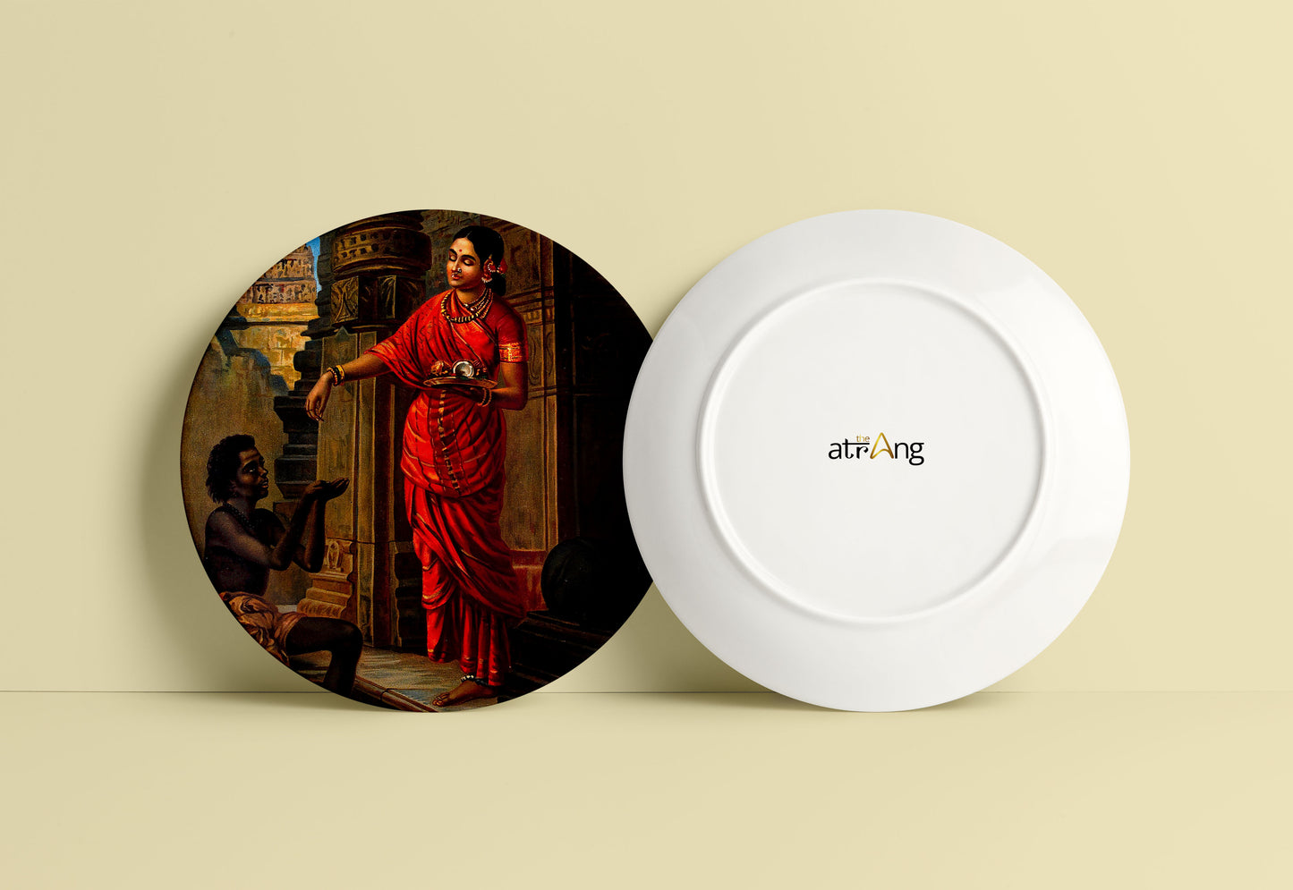 A woman giving alms to a beggar outside a temple to Lord Shiva by Ravi Varma Ceramic Plate for Home Decor