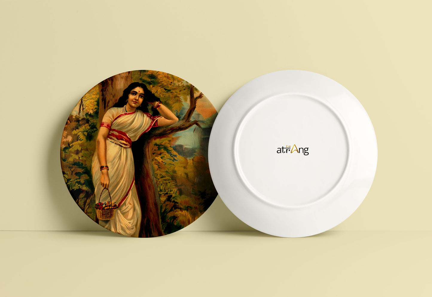 Ahalya leaning on tree by Ravi Varma Ceramic Plate for Home Decor