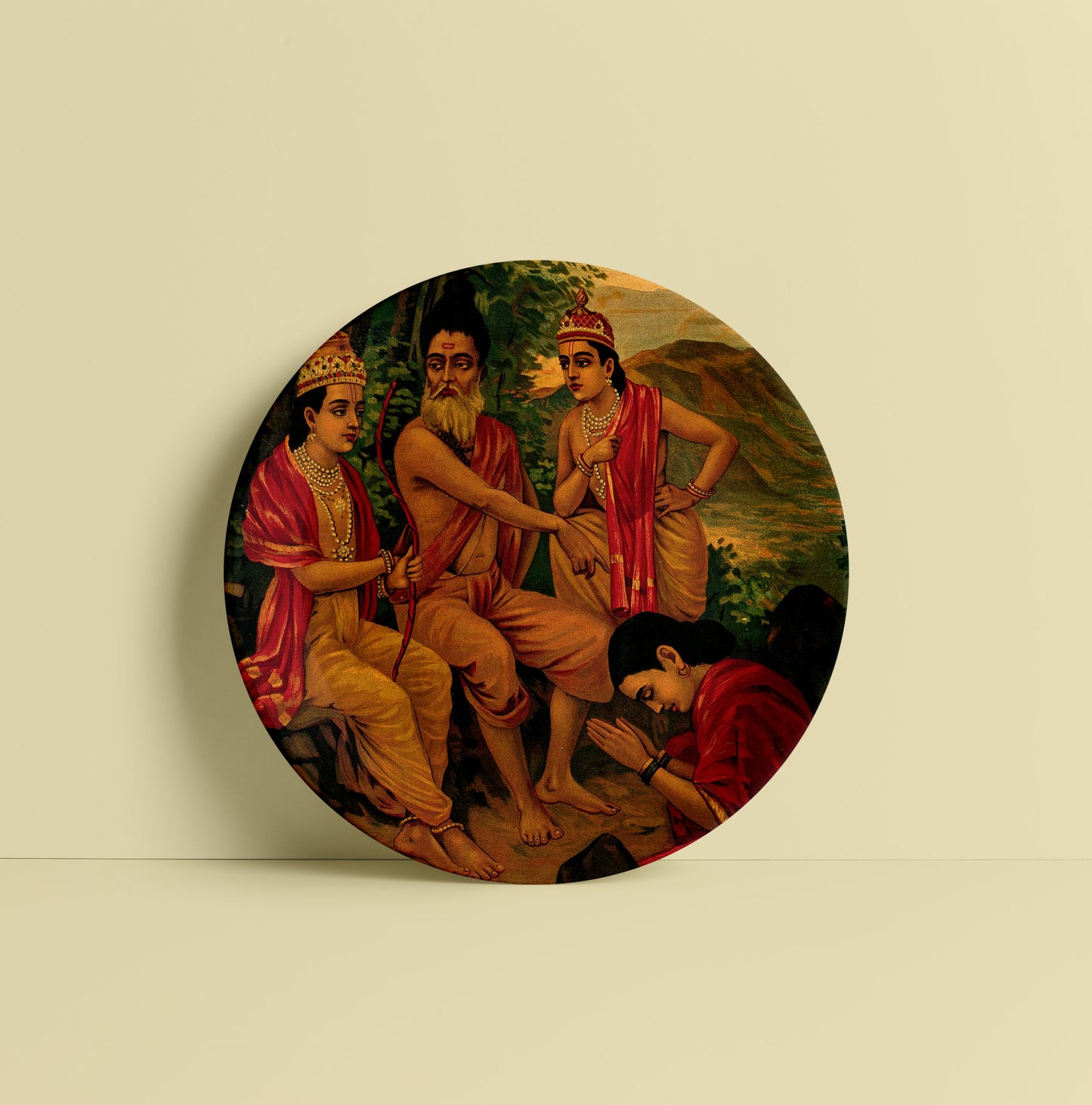 Ahalya the nymph being released from a curse by Rama & Lakshman by Ravi Varma Ceramic Plate for Home Decor