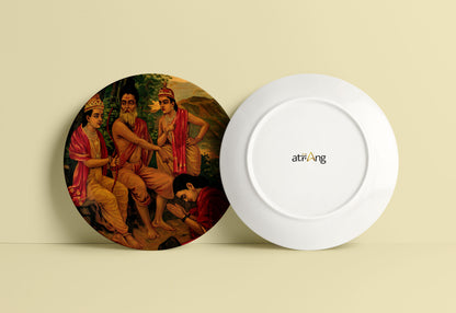 Ahalya the nymph being released from a curse by Rama & Lakshman by Ravi Varma Ceramic Plate for Home Decor