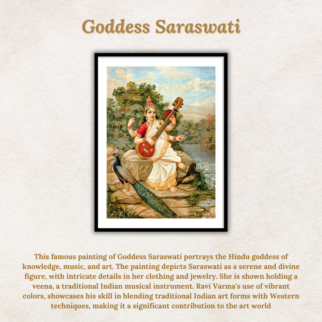 Goddess Sarasvati by Raja Ravi Varma Wall Art Print for Home Decor
