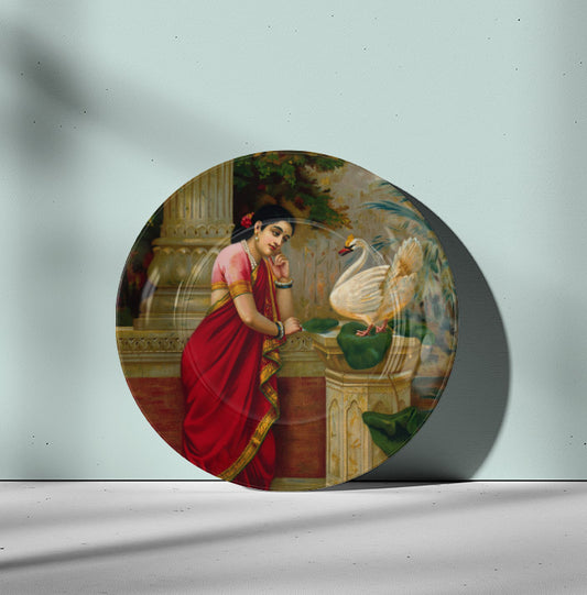 A swan telling Damayanti of Nala's love by Ravi Varma Ceramic Plate for Home Decor