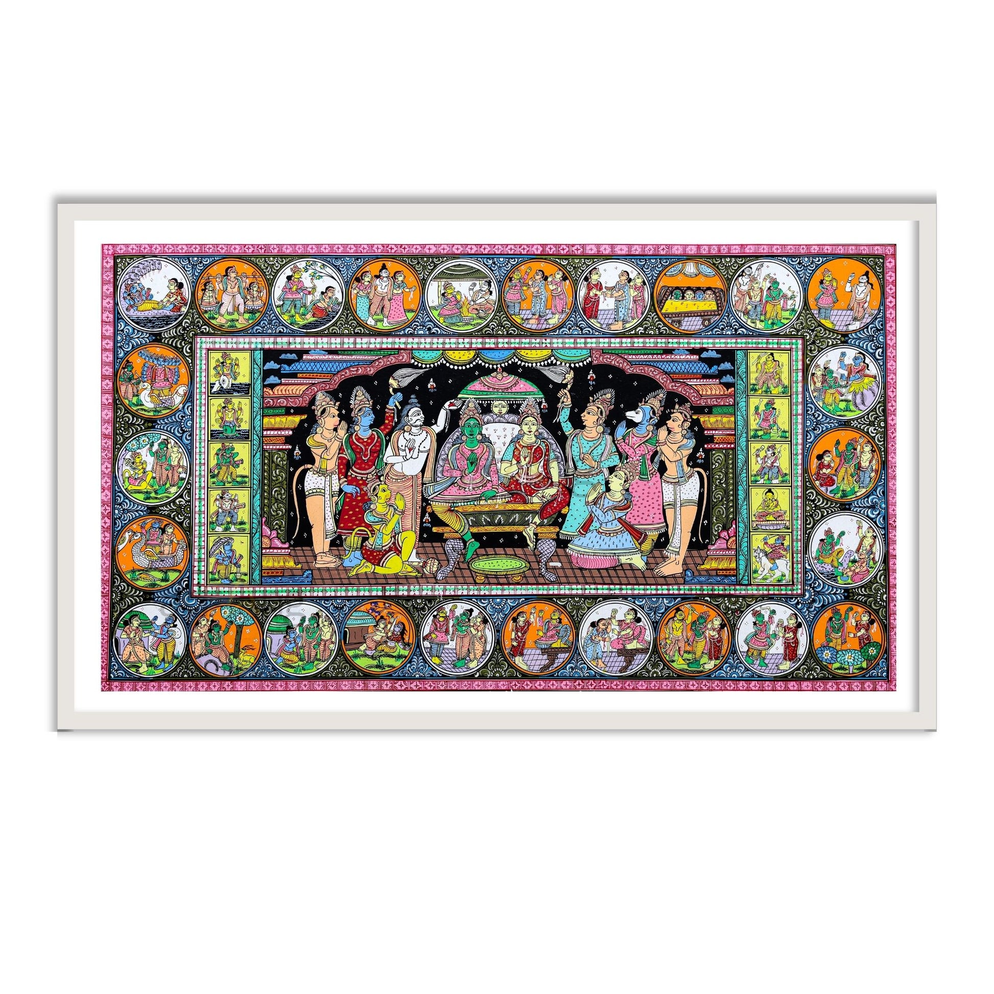 Ram Darbar Artwork in Pattachitra Style for Wall Art Decor by Atrang in White Frame