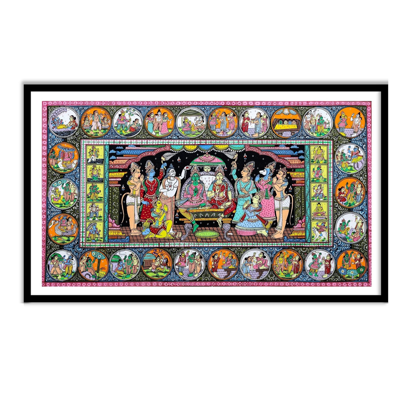 Ram Pattabhishekan in Pattachitra Art Style for Home Decor in Black Frame by The Atrang 