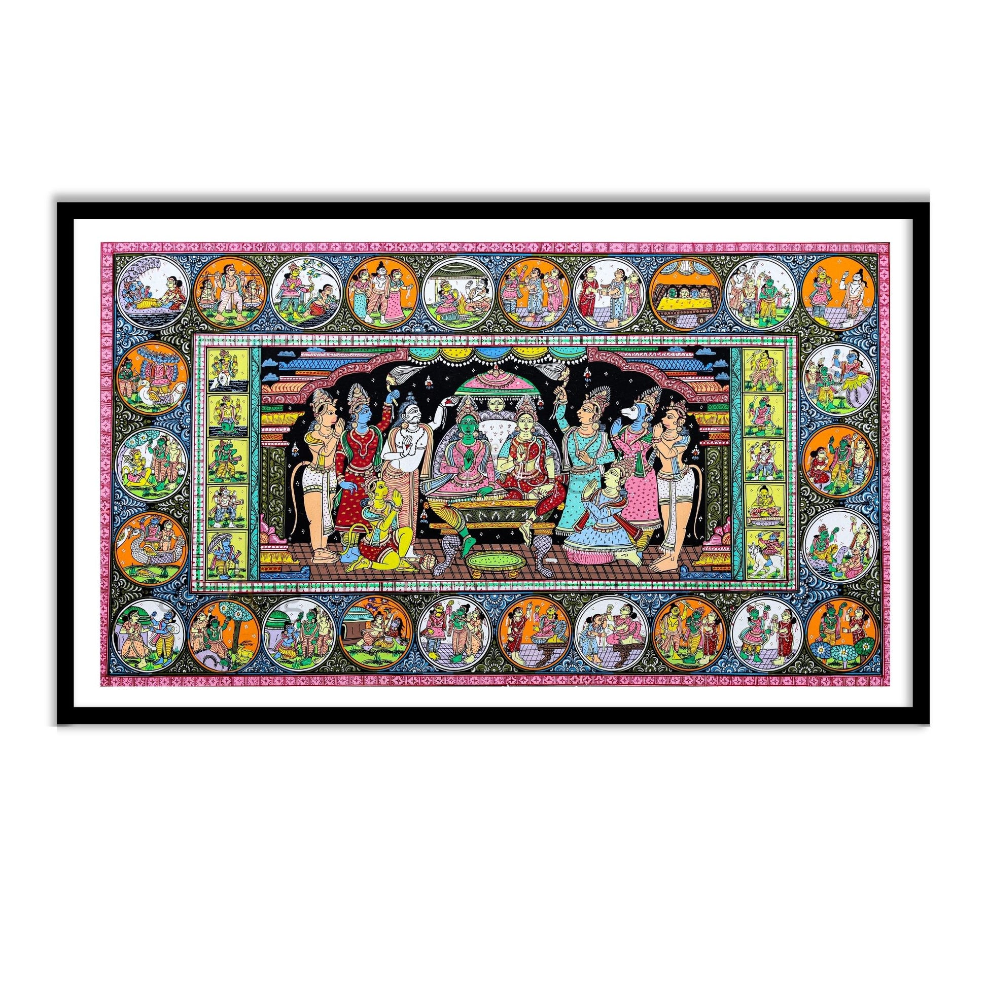 Ram Pattabhishekan in Pattachitra Art Style for Home Decor in Black Frame by The Atrang 