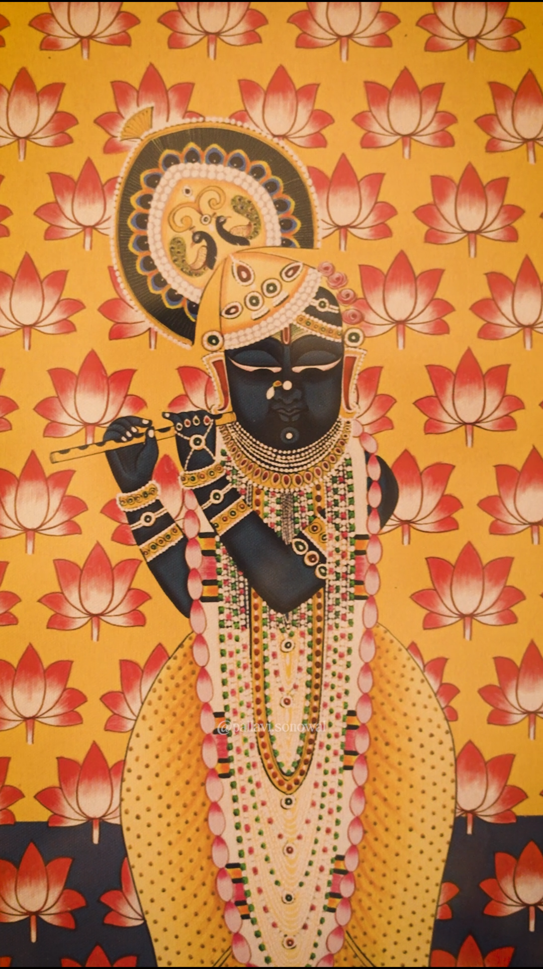 Shrinathji Pichwai Painting | Lotus Background - Living room Decor