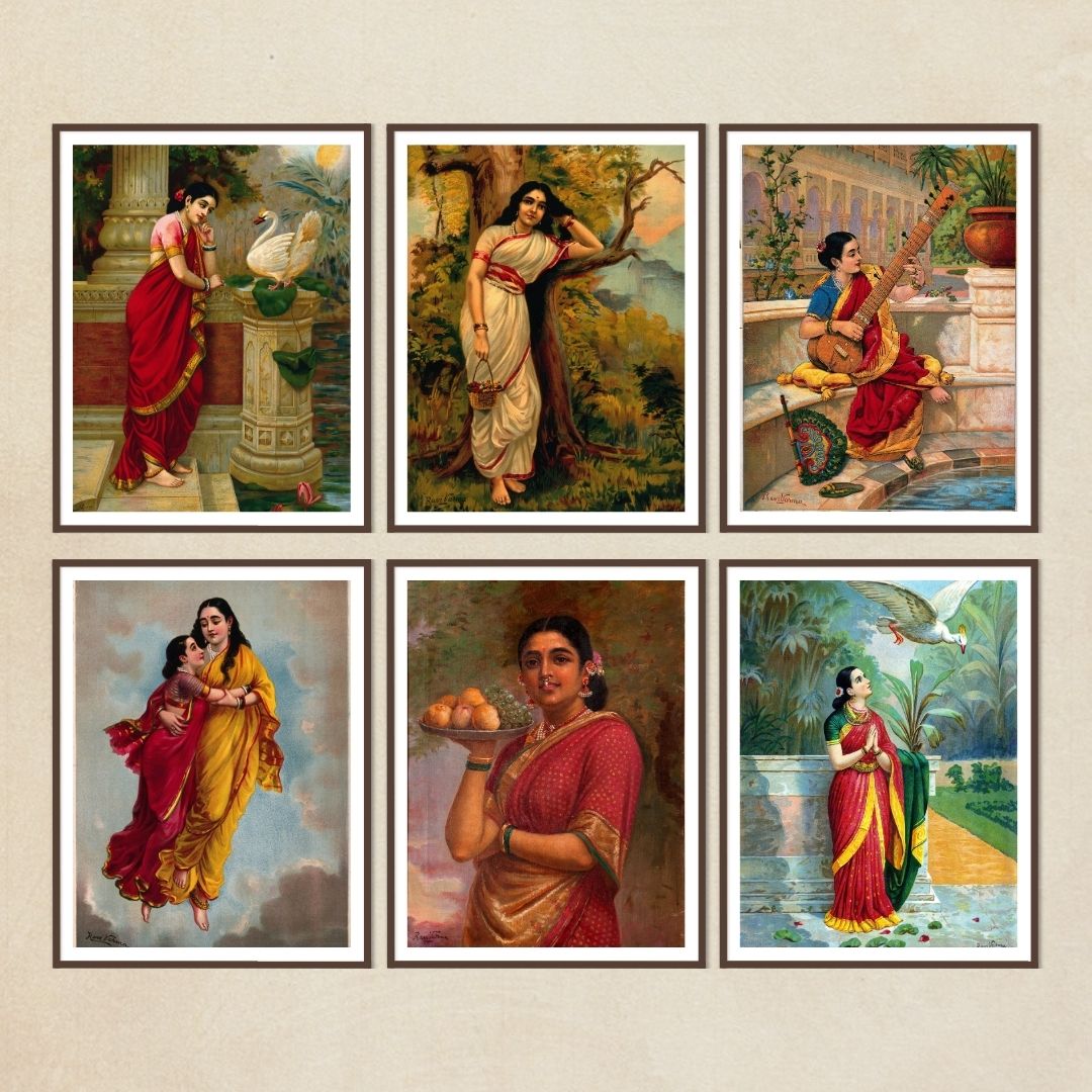 Raja Ravi Varma Set of 6  Brown Wall Frames of Swan Damayanti, Ahalya, Sitar Lady, Shakuntala with her Mother, Madri, Hamsa Damyanti in Black Frame