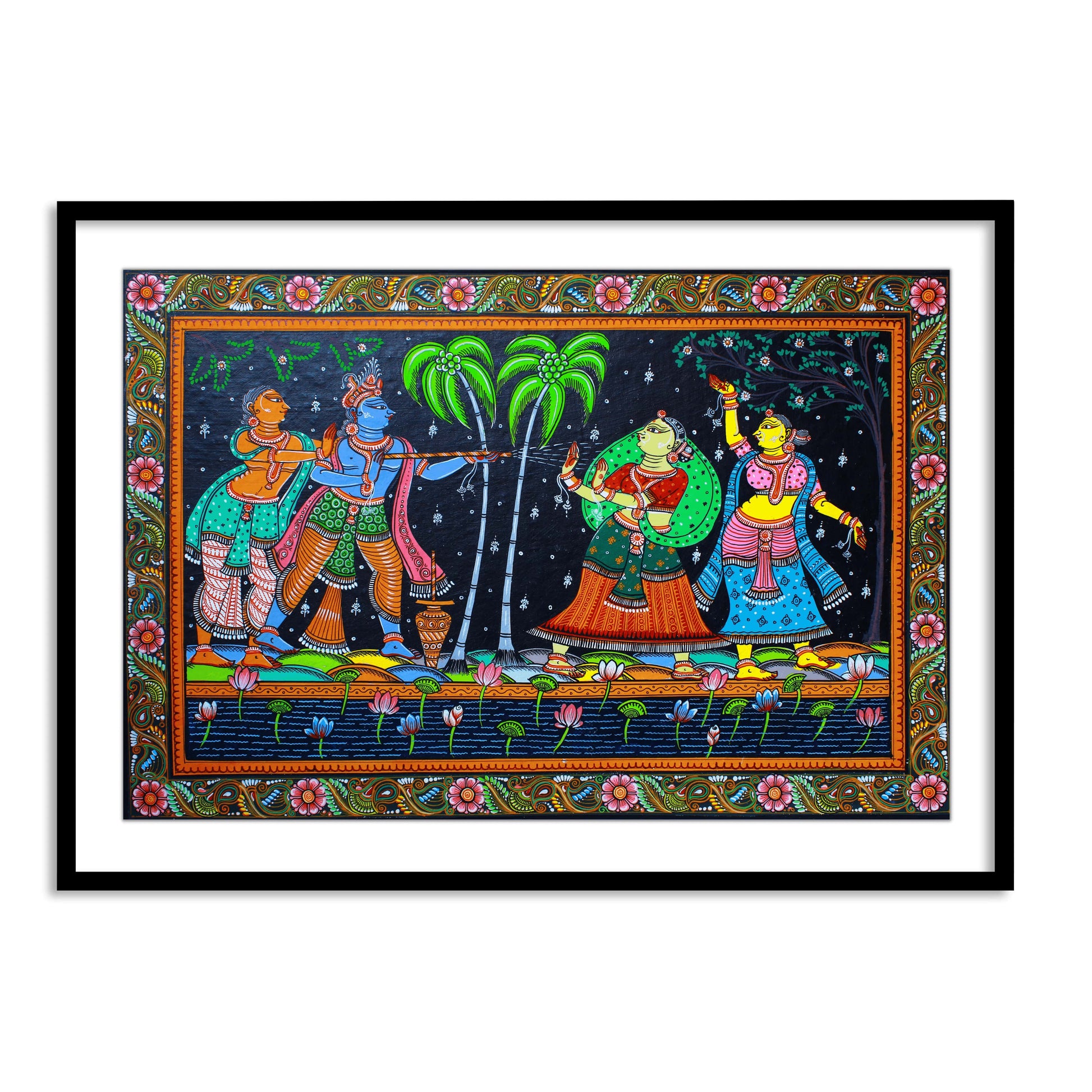 The Krishna Playing Holi with Gopiya Pattachitra Painting Framed Wall Art - The Atrang
