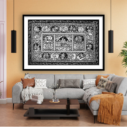 Black & White Krishna Raas Leela Pattachitra Art | Raasleela Patta Painting | Framed Wall Art