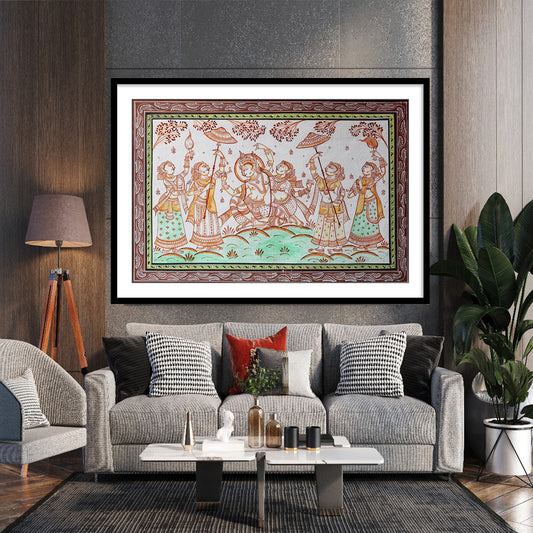 Radha Krishna Earthen Pattachitra Framed Wall Art