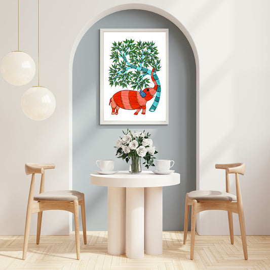 Elephant with a Tree - Gond Painting | Framed Wall Art Decor
