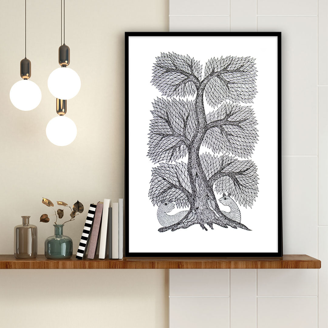 Monochromatic Tree of Life Gond Art Wall Painting for Home Decor