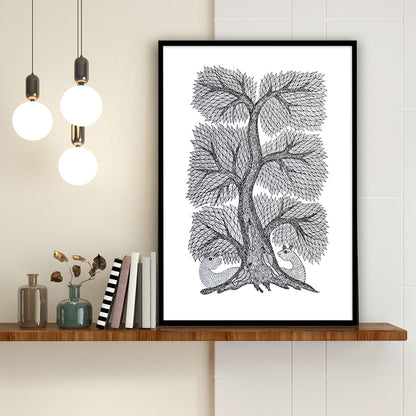 Monochromatic Tree of Life Gond Art Wall Painting for Home Decor