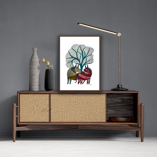 Two Elegant Deers Gond Art | Framed Wall Art for home decor