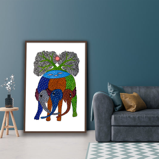 Beautiful Three Elephant Gond Art Painting for a Living Walls | Indian Art Framed