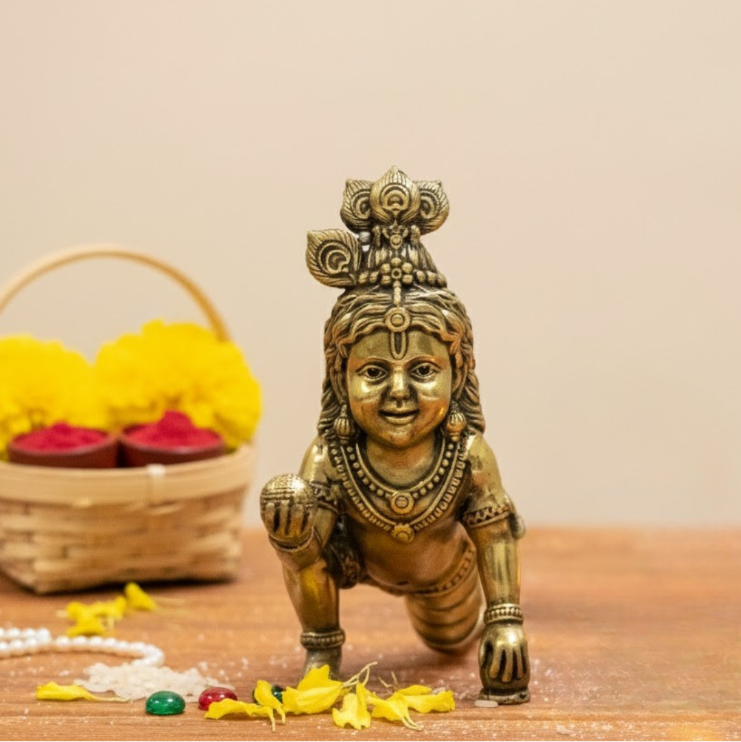 Handcrafted Brass Bal Gopal Idol | Lord Krishna Statue for Prosperity & Positivity - 3 Inch