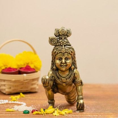 Handcrafted Brass Bal Gopal Idol | Lord Krishna Statue for Prosperity & Positivity - 3 Inch