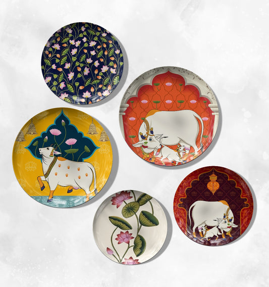 Peaceful Corners Begin Here – Cow Themed Pichwai Wall Plates (5 Plates) (Copy)