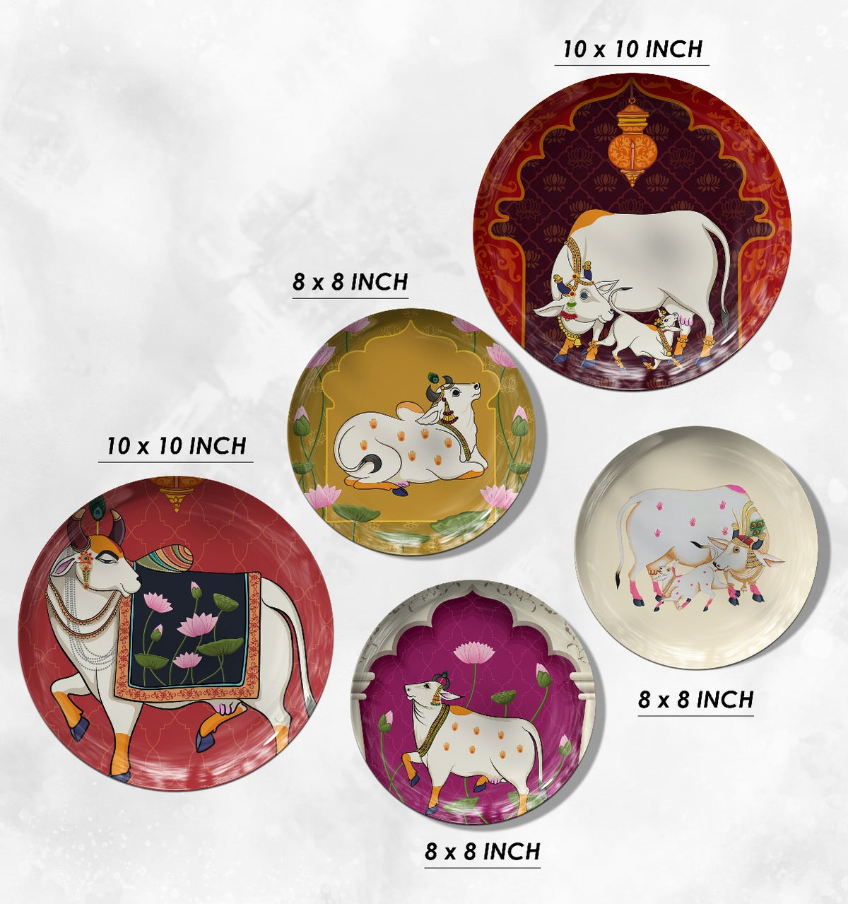 Peaceful Corners Begin Here – Cow Themed Pichwai Wall Plates (5 Plates)