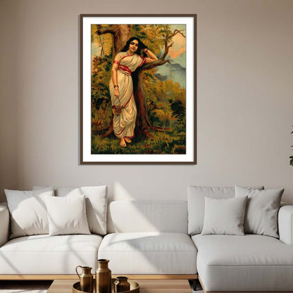 Ahalya leaning on tree by Raja Ravi Varma | Wall Art Painting